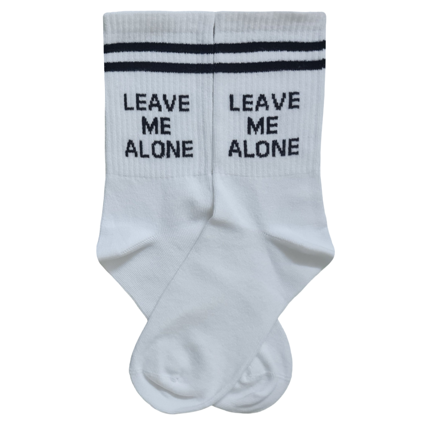 White socks with 'Leave Me Alone' text on a white background