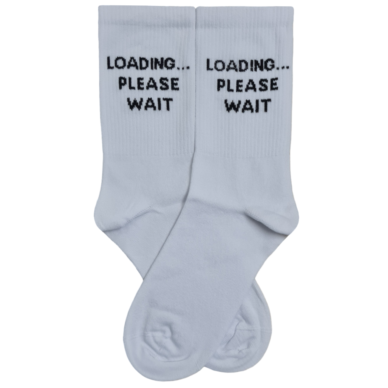 A pair of white mid-calf crew socks displayed flat, featuring the text "LOADING... PLEASE WAIT" embroidered in a bold, black pixelated digital font on the upper ribbed leg section.