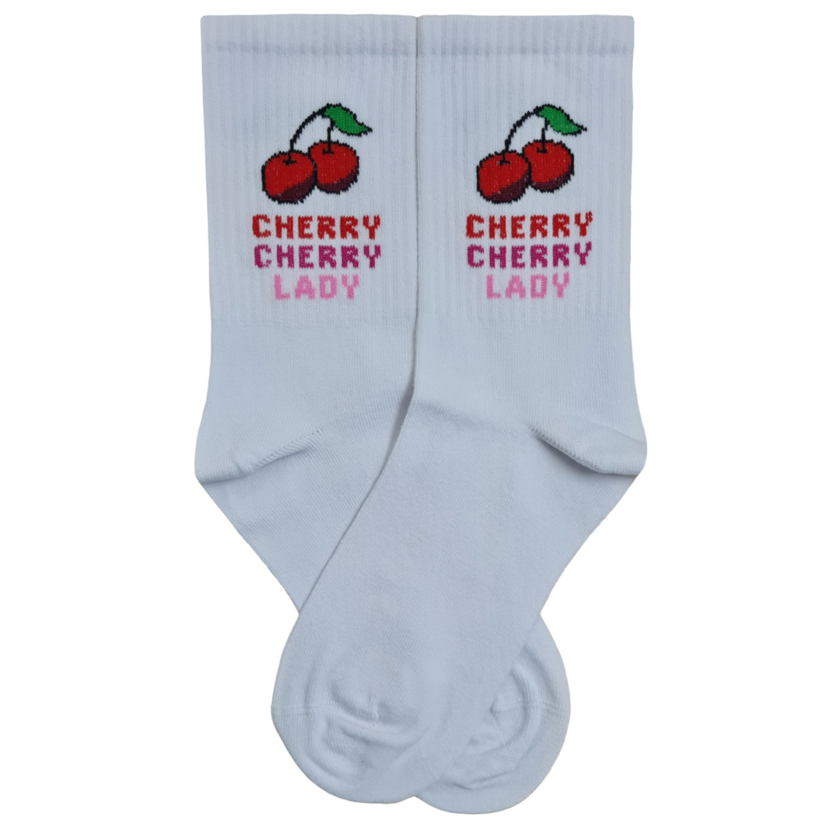 White crew socks featuring a pixelated red cherry graphic and the text "CHERRY CHERRY LADY" in red and pink knitted lettering.