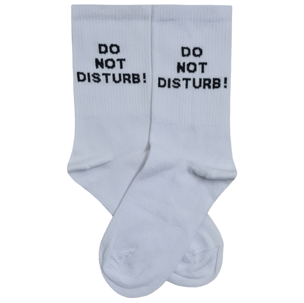 A pair of white crew socks with the text 'DO NOT DISTURB!' printed in black capital letters on the front of each sock, displayed against a solid white background.