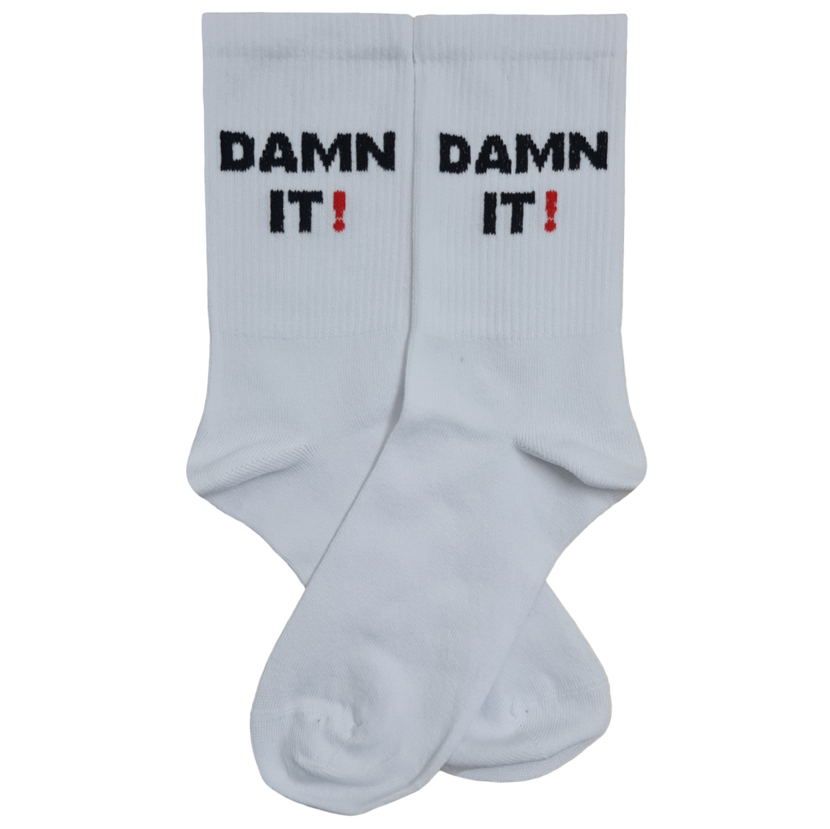 A pair of white mid-calf crew socks featuring the text "DAMN IT!" embroidered in bold black capital letters, with a bright red exclamation mark on the upper ribbed cuff.