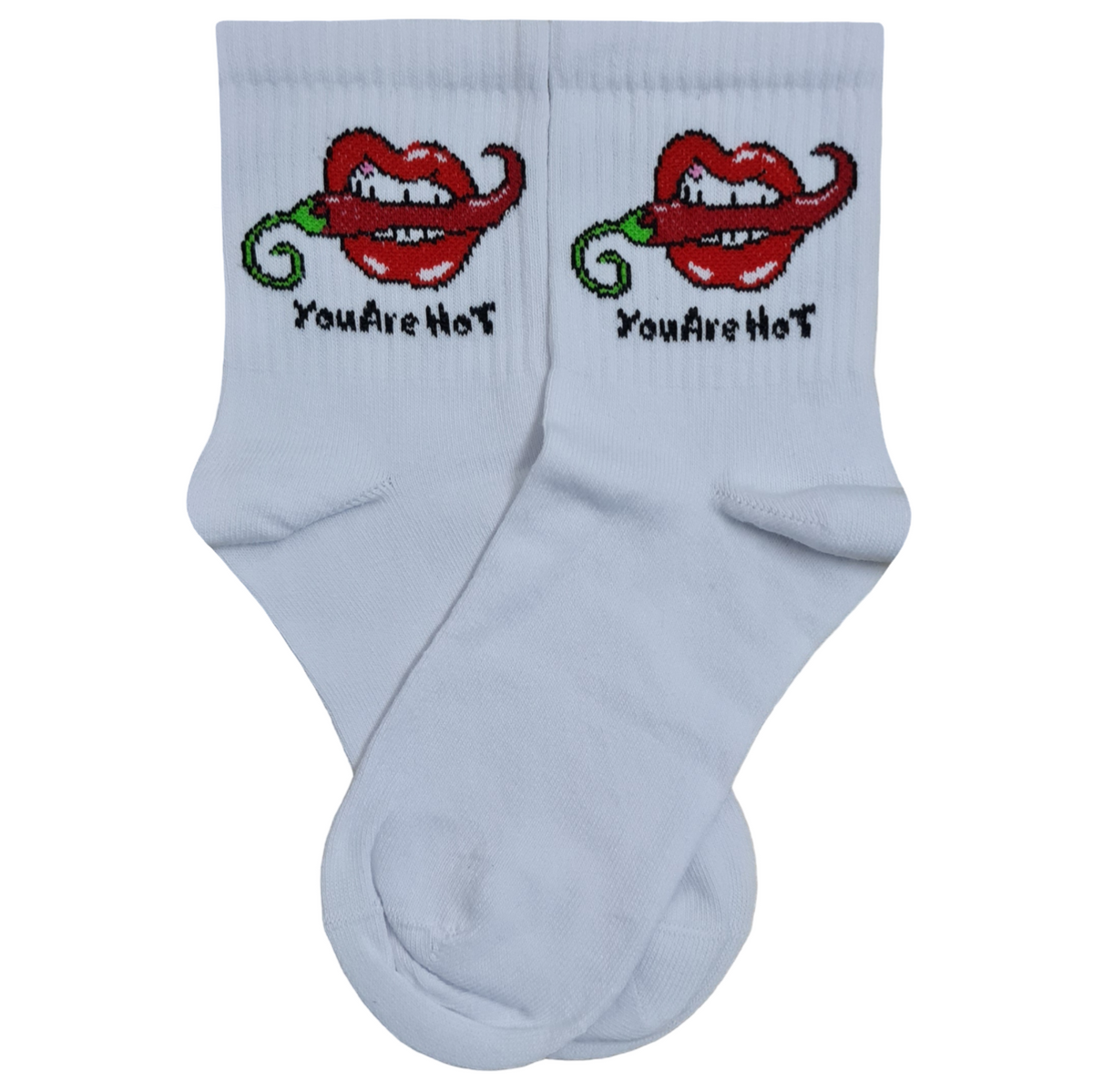 White quarter crew socks featuring a graphic of red lips biting a spicy chili pepper with the text "You Are Hot" written below.