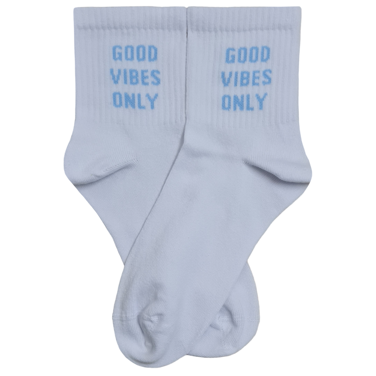 White quarter crew socks featuring the text "GOOD VIBES ONLY" knitted vertically in a light blue block font on the ankle.