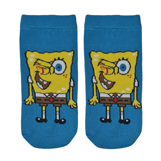 Pair of blue socks with a cartoon character design called SpongeBob  on a blue background