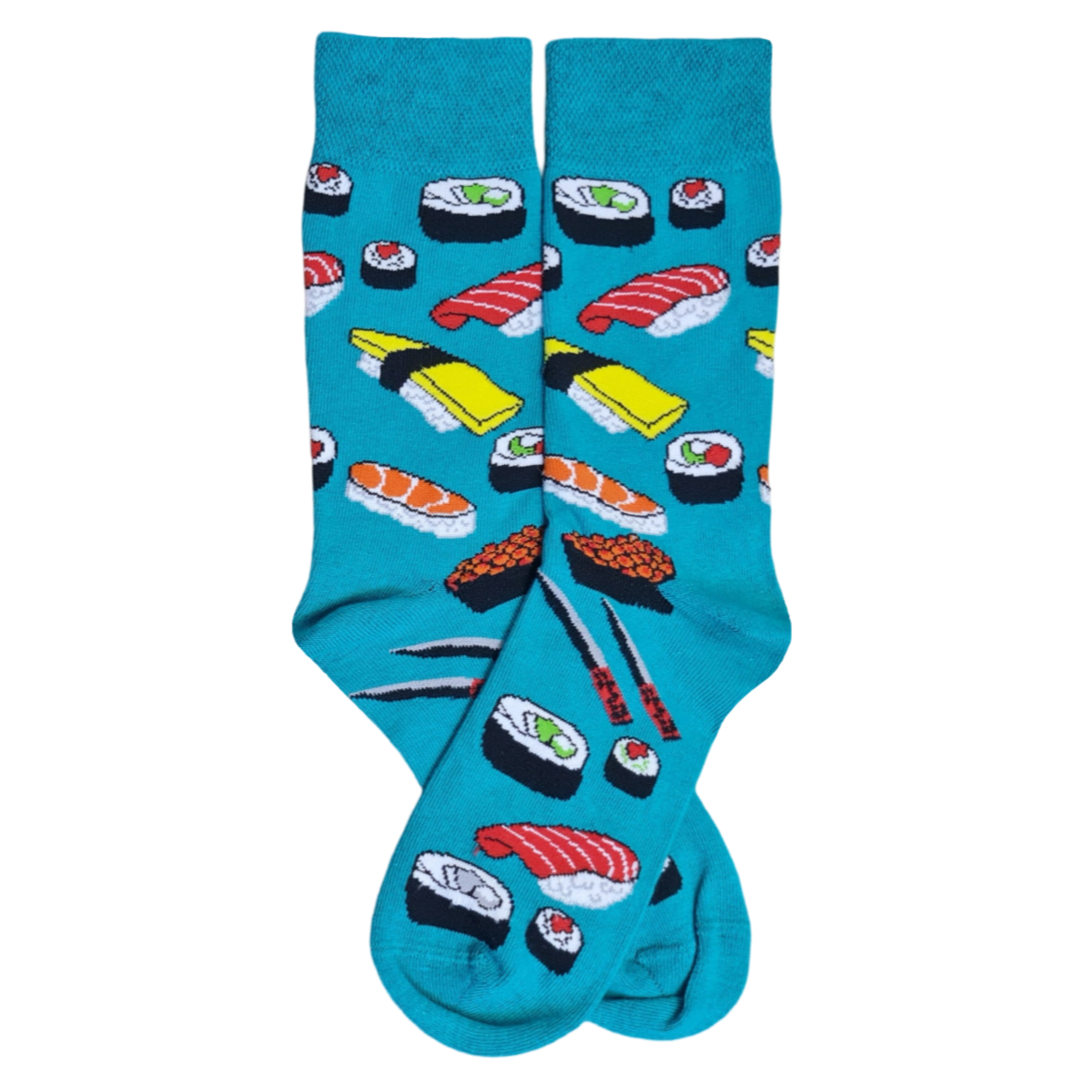 A pair of green socks with various sushi designs placed on a teal background.