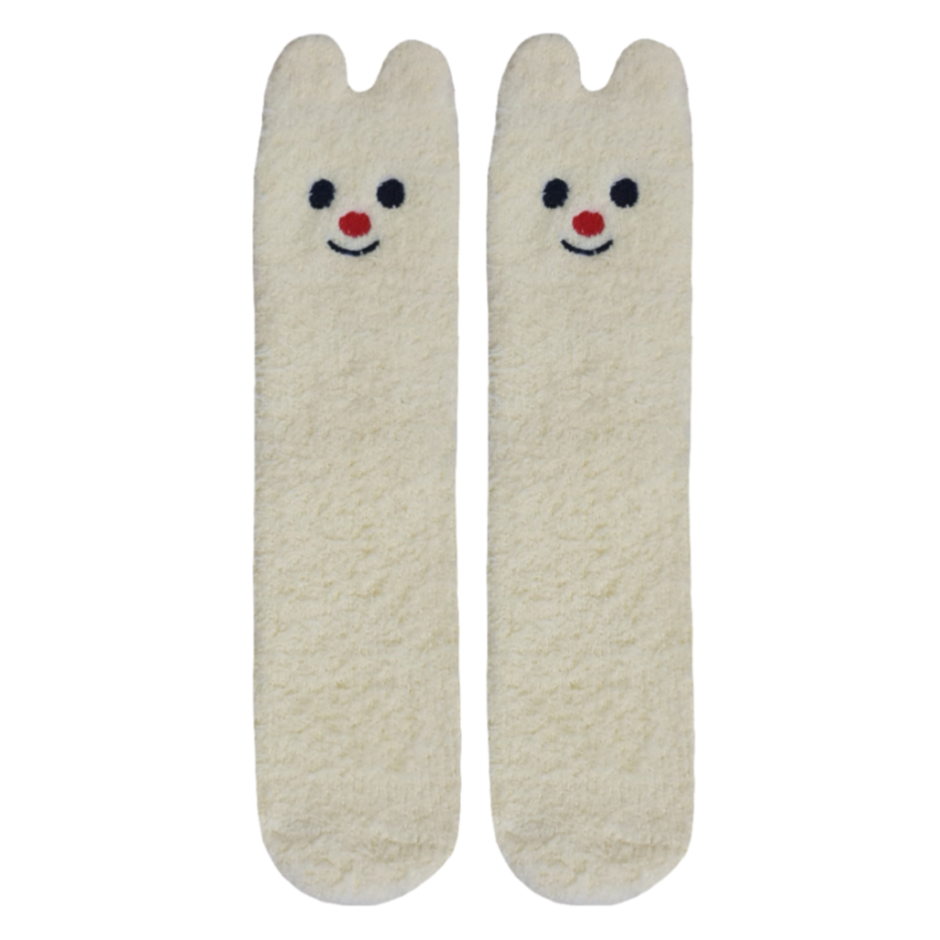 A pair of yellow, fluffy socks with cartoon bear faces on the toes.