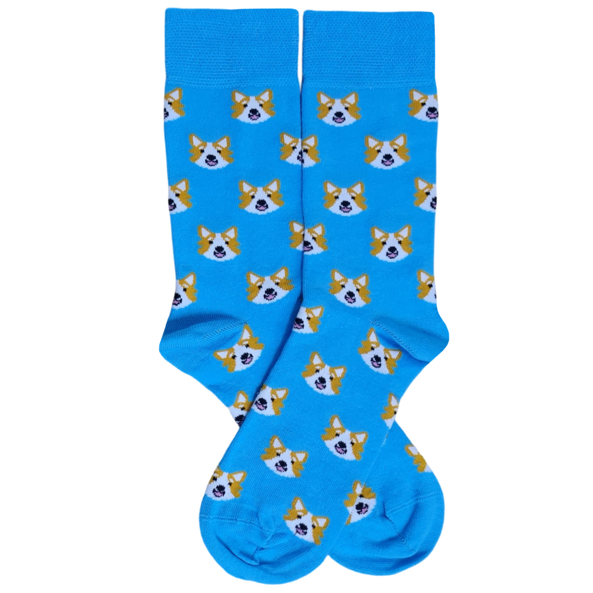 Bright blue crew socks featuring a repeating pattern of cute tan, white and black corgi dog faces.