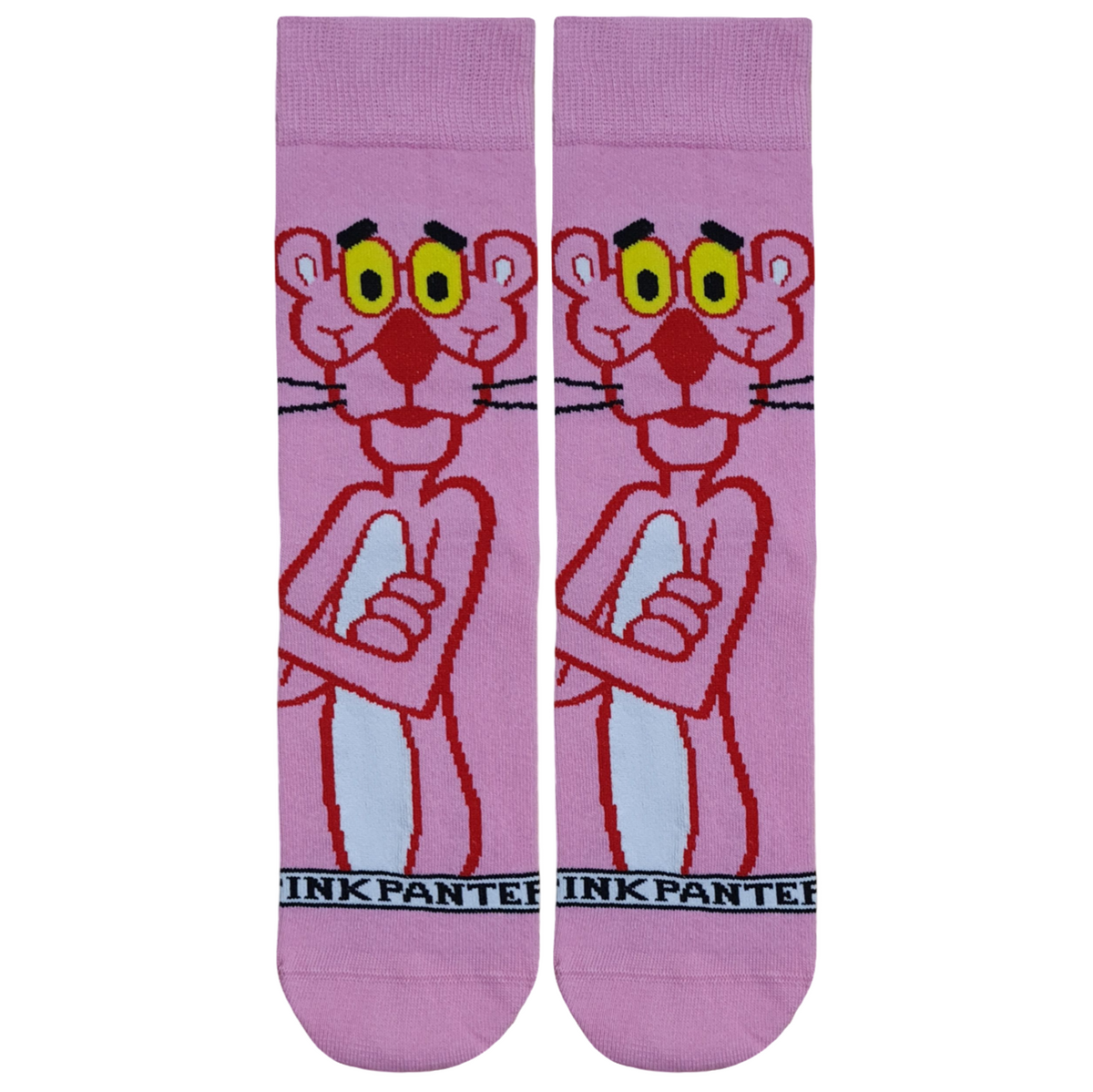 A pair of pink crew socks featuring a knitted design of the classic Pink Panther character with crossed arms and the text "PINK PANTHER" on the toe seam.